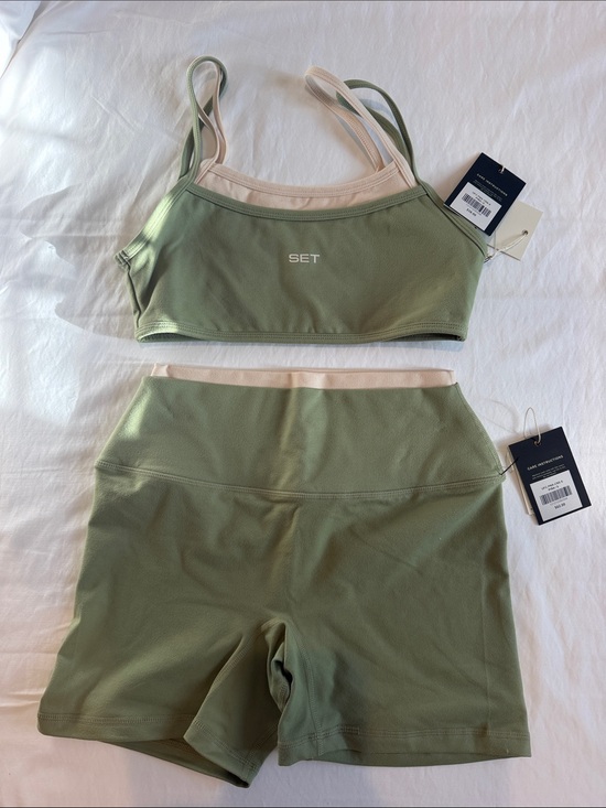 SET Active Pants - SET Active Olive Green & Cream Athletic Shorts Set